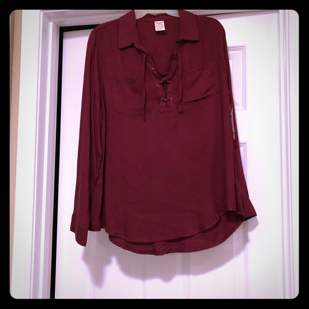 NWT Burgundy Blouse w/Tie front